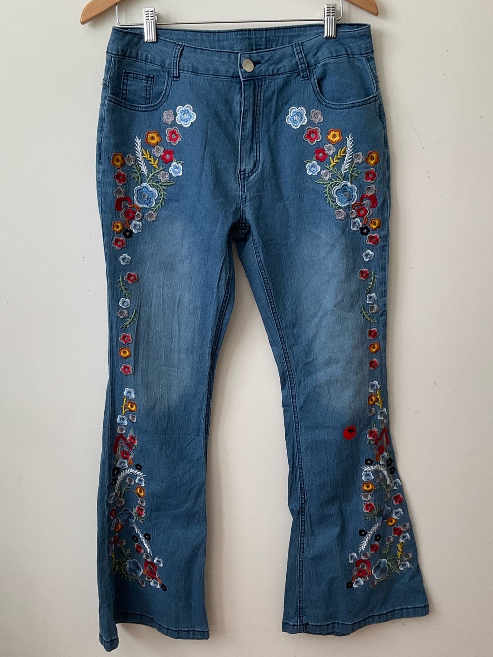 Blue Embroidered Flare Wide Leg Jean Large